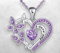 Ланцюжок з кулоном жіночий сріблясте серце з фіолетовими фіанітами камінням і метеликами Я люблю тебе