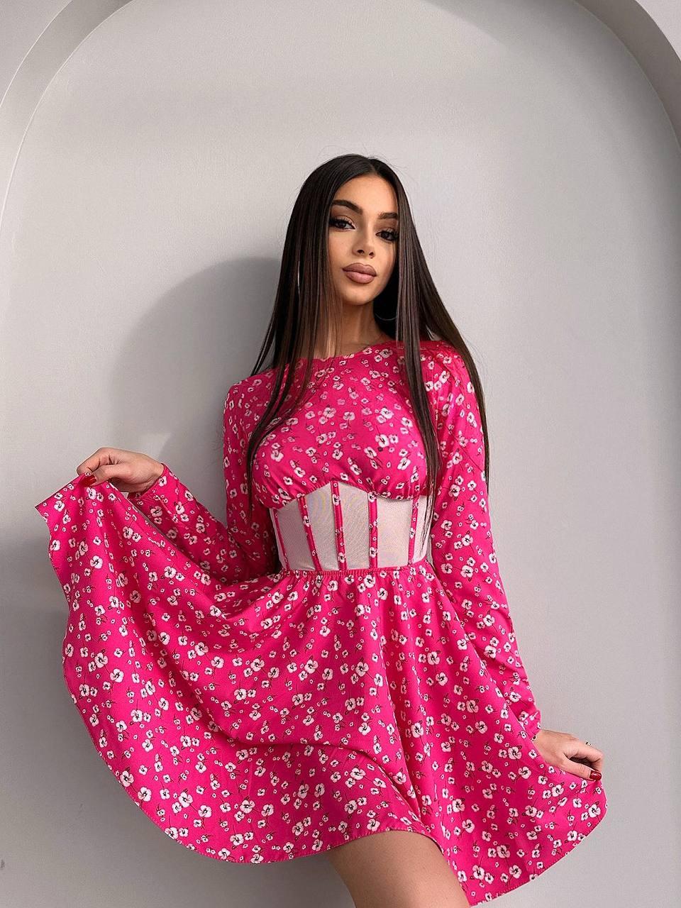 Квіткова жіноча міні сукня з елементами корсету софт Smb8911