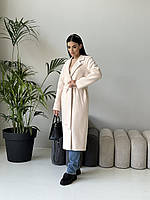 Женское утепленное демисезонное длинное кашемировое пальто молочного цвета