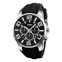 Мужские классические наручные часы Skmei 9128 (Черные с черным циферблатом )