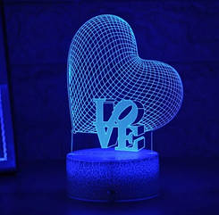 3D Лампа-нічник Серце "LOVE" з пультом ДК. Світильник настільний 3D лампа