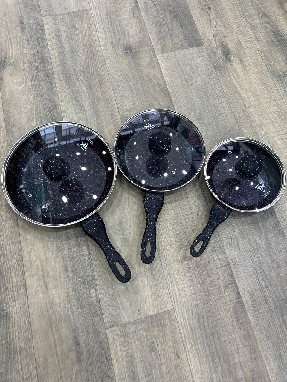 Набір сковорідок з кришками Top Kitchen TK00093 20 см, 24 см, 28 см, мармурове покриття, чорний