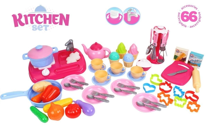 Чарівний великий набір кухні з комплектом посуду та аксесуарів 66 предметів плита мийка столові прилади формочки та продукти, фото 1