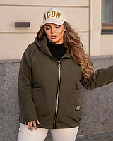 Куртка ветровка женская хаки свободная на молнии с капюшоном и карманами большого размера 46-60. 105414