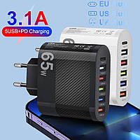 Блок питания зарядка 65W 6в1 USB-Адаптер 15 Вт для iPhone Samsung Pixel Power Delivery type c QUICK charge