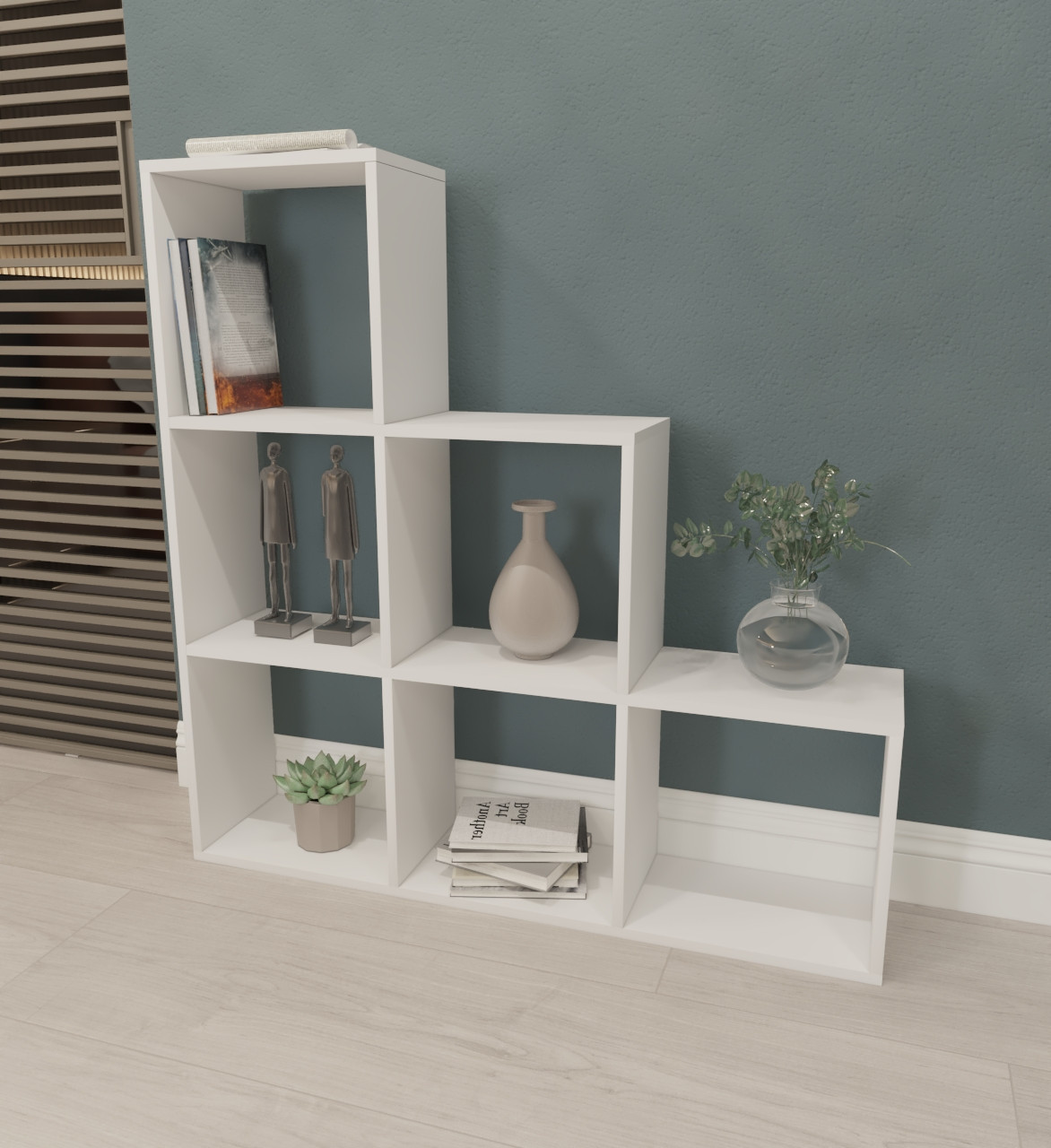 Полиця ступінчаста на 6 відділень Книжковий стелаж гірка з Ламінованого ДСП Підлогові полиці в інтер'єрі, фото 1