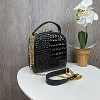 Женская мини сумочка рептилия каркасная с замочком, маленькая сумка золотистая Черный рептилия