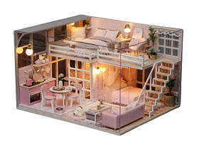 Ляльковий будиночок двоповерховий з меблями DIY (підсвічування від батарейок, меблі та інструменти, в коробці) С 64588