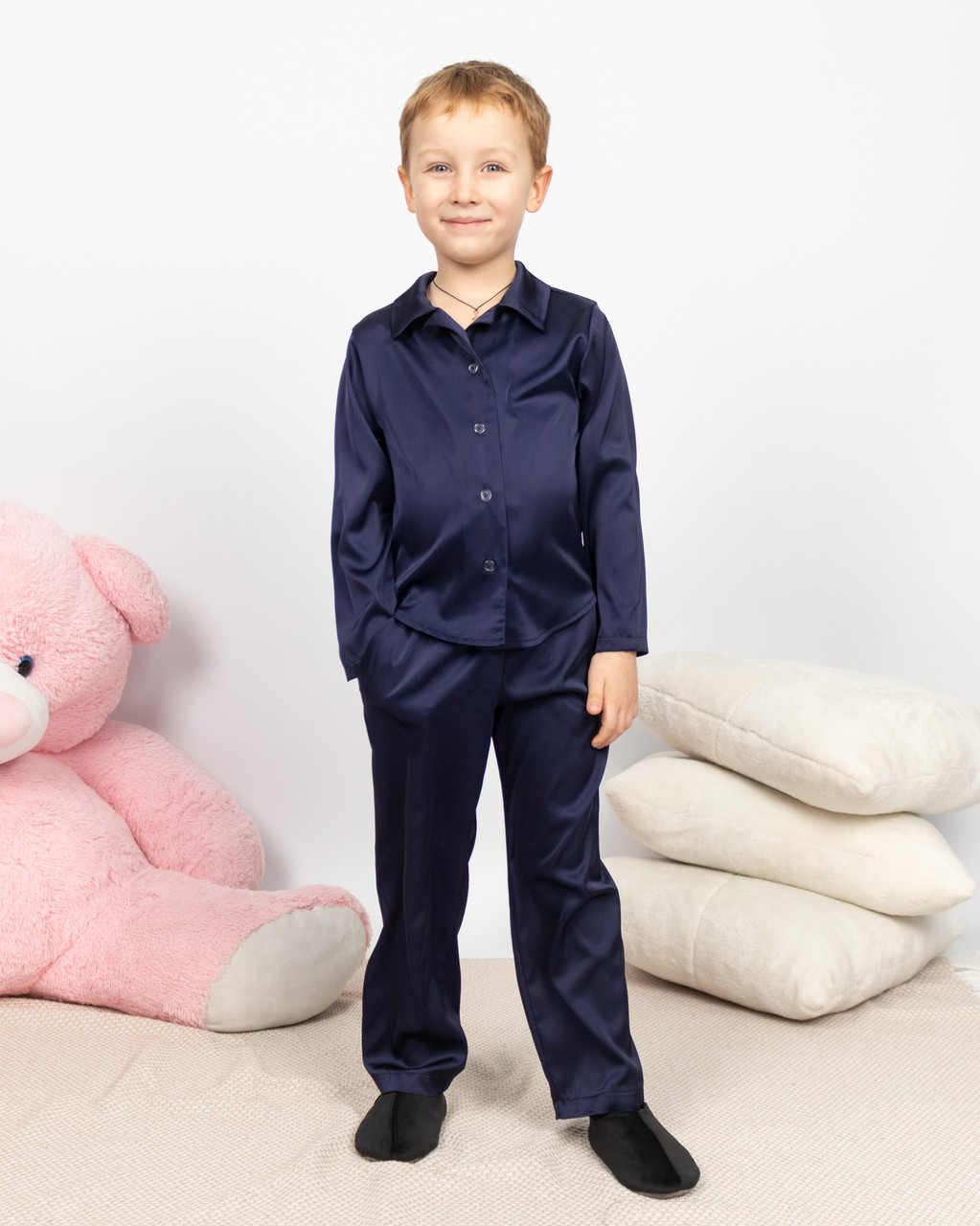Піжама дитяча домашня шовкова сорочка зі штанами Темно-синій, фото 1