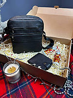 Подарочный классический набор джентельмена, сумка на 2 отделения и кошельком на кнопке в подарочной коробк tru