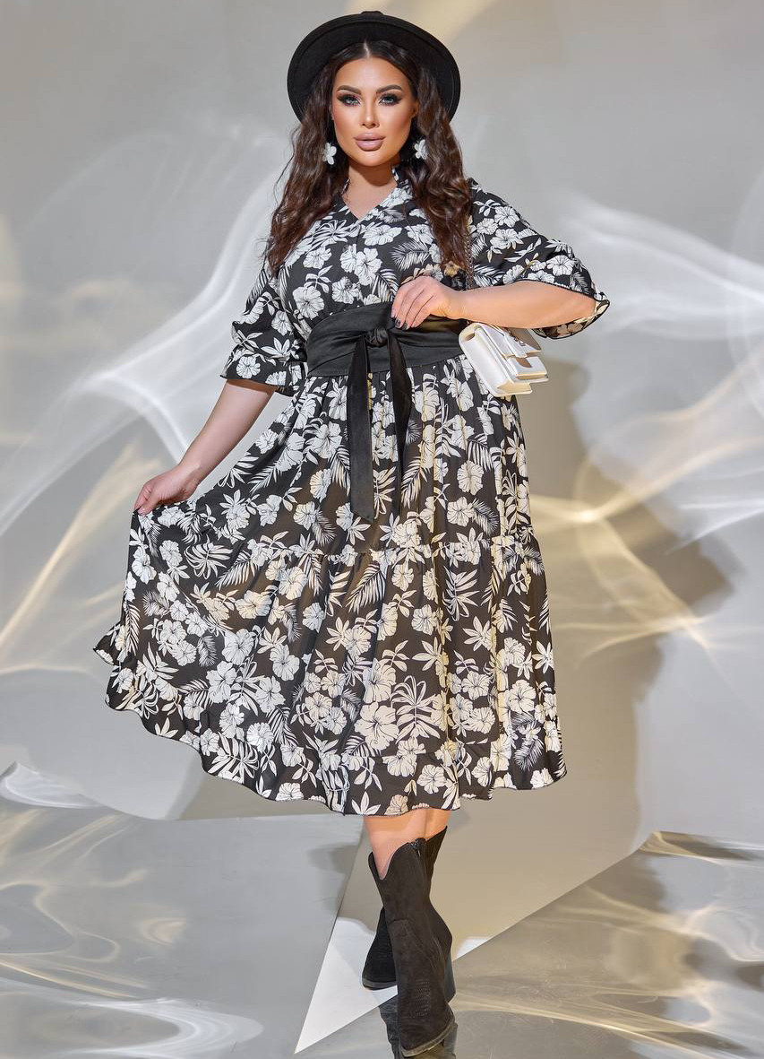 Жіноча квіткова сукня міді великого розміру з поясом