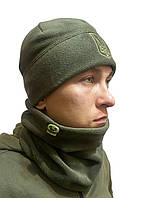 Флисовый комплект для военных с шапкой и бафом, шапка и баф для военных, тактический комплект Оливковый tru