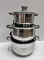 Качественный набор посуды из 3 стальных кастрюль с индукционным многослойным дном и ненагревающимися ручками