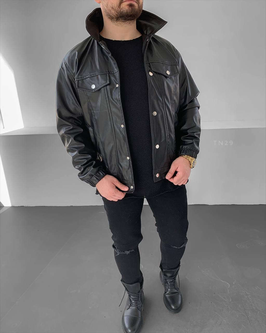 Куртка шкірянка чоловіча демісезонна чорна з накладними кишенями Stiven, фото 1