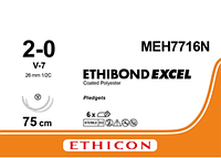 Етібонд Ексель (Ethibond Excel) 2/0, PTFE 8шт по 75см, 2 кол-ріж. голки 26мм MEH7716N