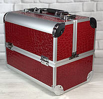 Б'юті-кейс алюмінієва валіза з ключем бордо-червоний крічок шкірозамінник