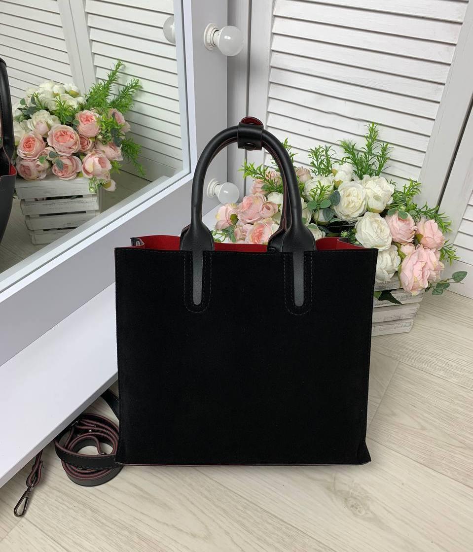 Жіноча замшева сумка квадратна стильна модна комбінована чорна з червоним замша+екошкіра