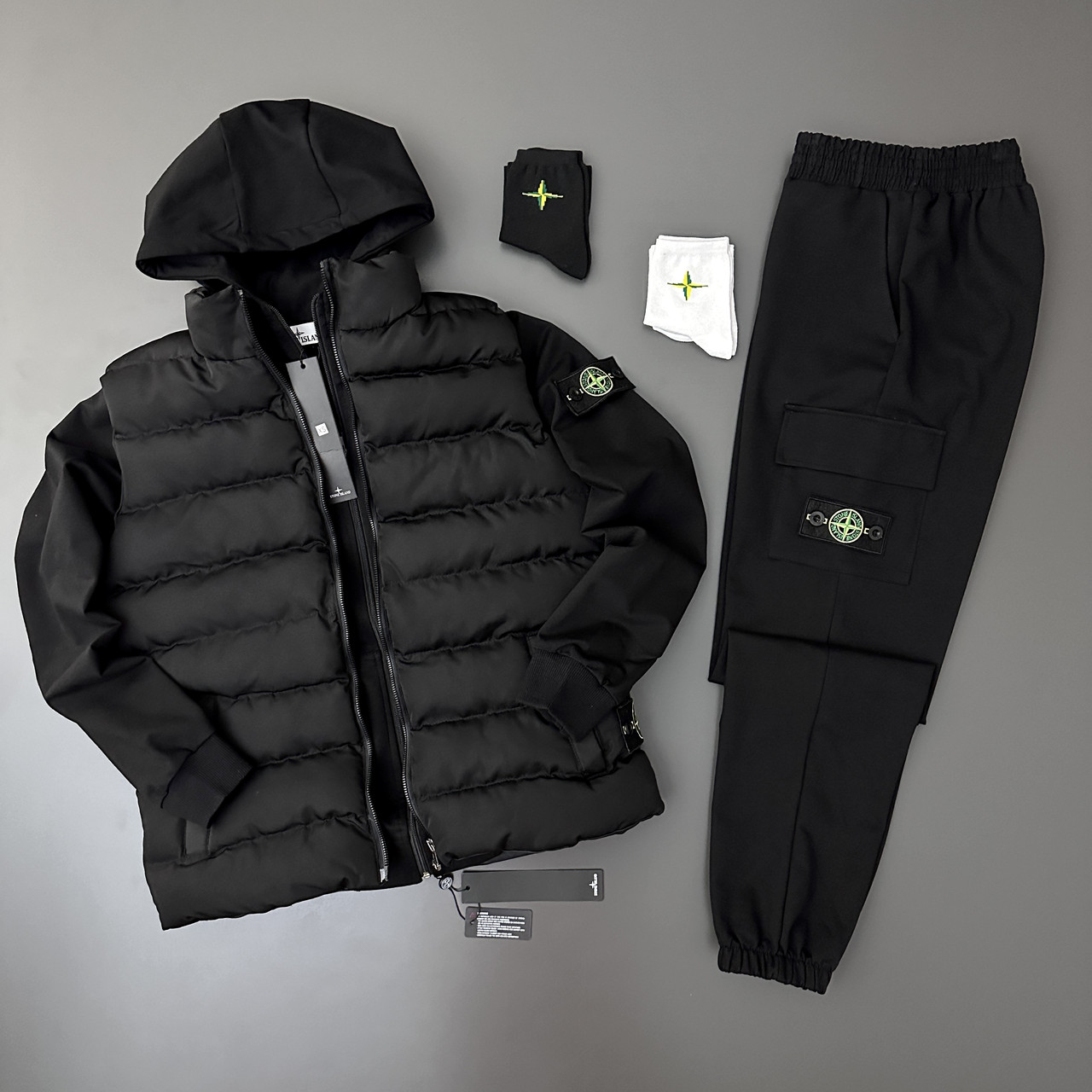Чоловічий спортивний костюм Stone Island Жилетка + Зіп худі + Штани чорний з капюшоном Стон Айленд