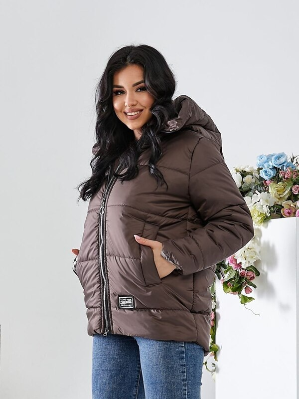 Куртка жіноча стьобана шоколадна утеплена стильна з капюшоном великого розміру 46-60. 105393