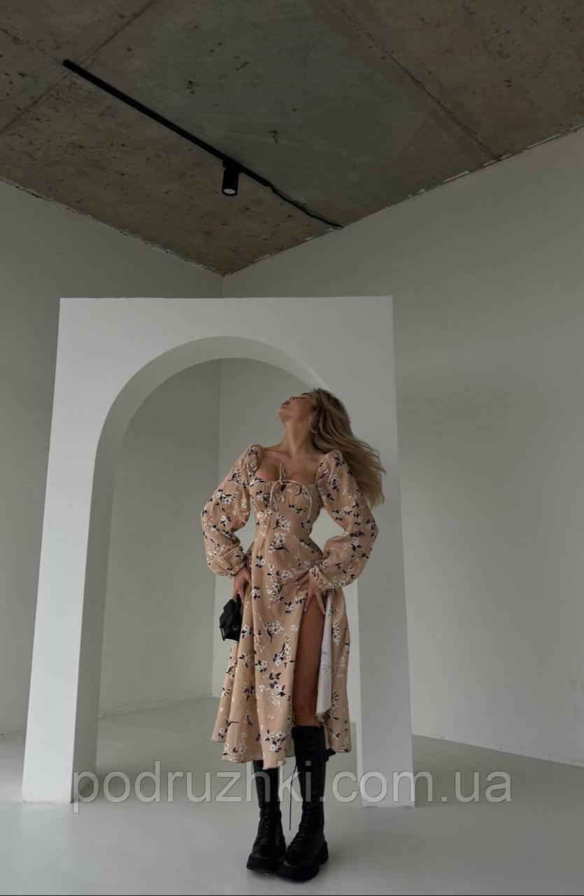 Стильна легка сукня з довгими рукавами та затяжкою по грудях Тканина муслін Розмір 42-44, 46-48, фото 1