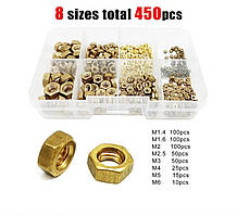 Гайки Латунні DIN934 M1.4, M1.6, M2, M2.5, M3, M4, M5, M6 Набір 450 шт Spec (SP-0678450)