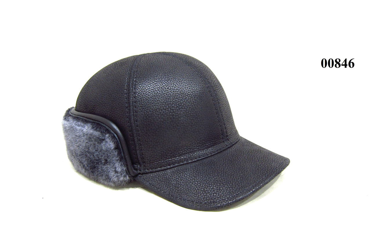 Чоловіча зимова бейсболка з натуральної шкіри чорна на натуральному хутрі DAVANI 00846, фото 1