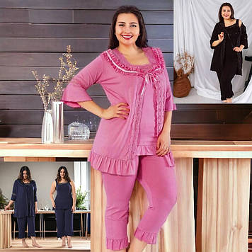 Жіноча піжама з мереживом 2ХЛ-3ХЛ 56-58 великого розміру, майка бриджі, кофта MDL Туреччина, 3 кольори
