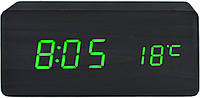 Настольные часы VST-862 с термометром черное дерево (зеленая подсветка) (6770) gr