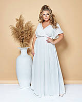 Нарядное шифоновое белое платье большого размера в пол с поясом (L/XL, XL/XXL, XXL/XXXL)