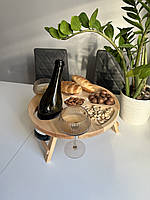 Винный столик из натурального дерева бук круглый 35 см 4 отделения для бутылки и двух бокалов для закуски