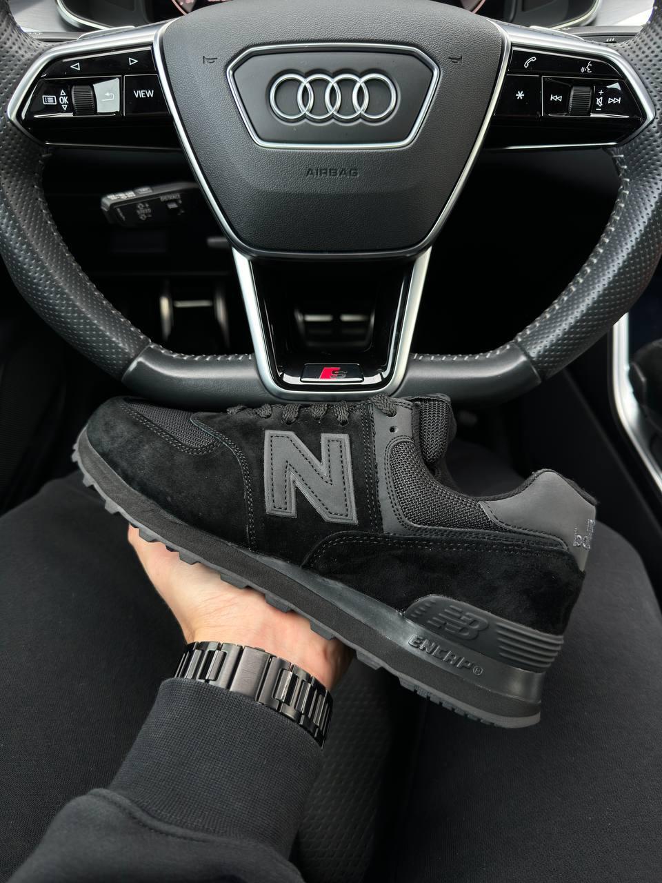 Чоловічі кросівки замшеві New Balance 574 All Black, чоловічі кеди Нью Беленс чорні. Чоловіче взуття, фото 1
