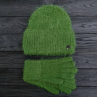 Комплект женский зимний из ангоры на флисе (шапка+перчатки) ODYSSEY 56-59 см Зеленый 13909 - 4209