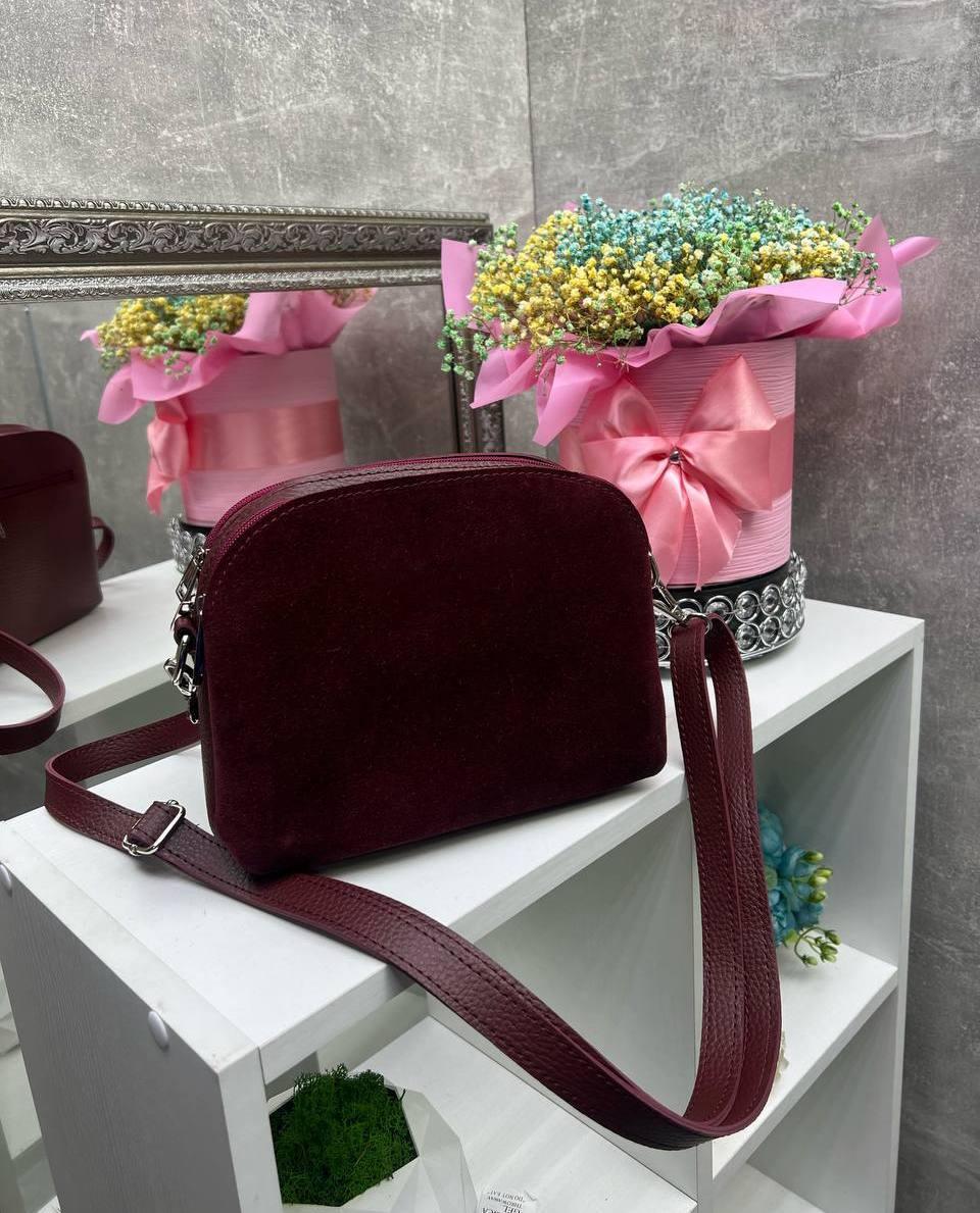 Замшева сумка через плече маленька стильна молодіжна сумочка клатч бордова замша+кожзам, фото 1