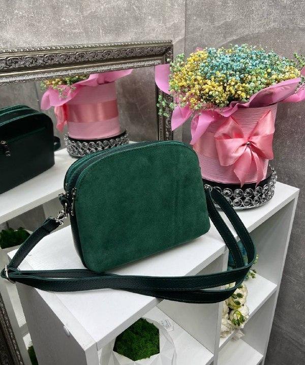 Замшева сумка через плече маленька стильна крос-боді сумочка клатч зелена замша+шкірзам, фото 1