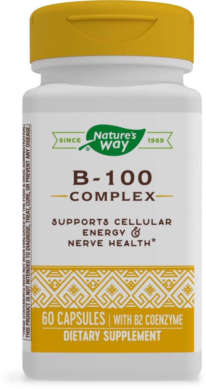 Комплекс В-100+ коензимом B2 Nature's Way B-100 Complex, With B2 Coenzyme 60 Capsules, фото 1