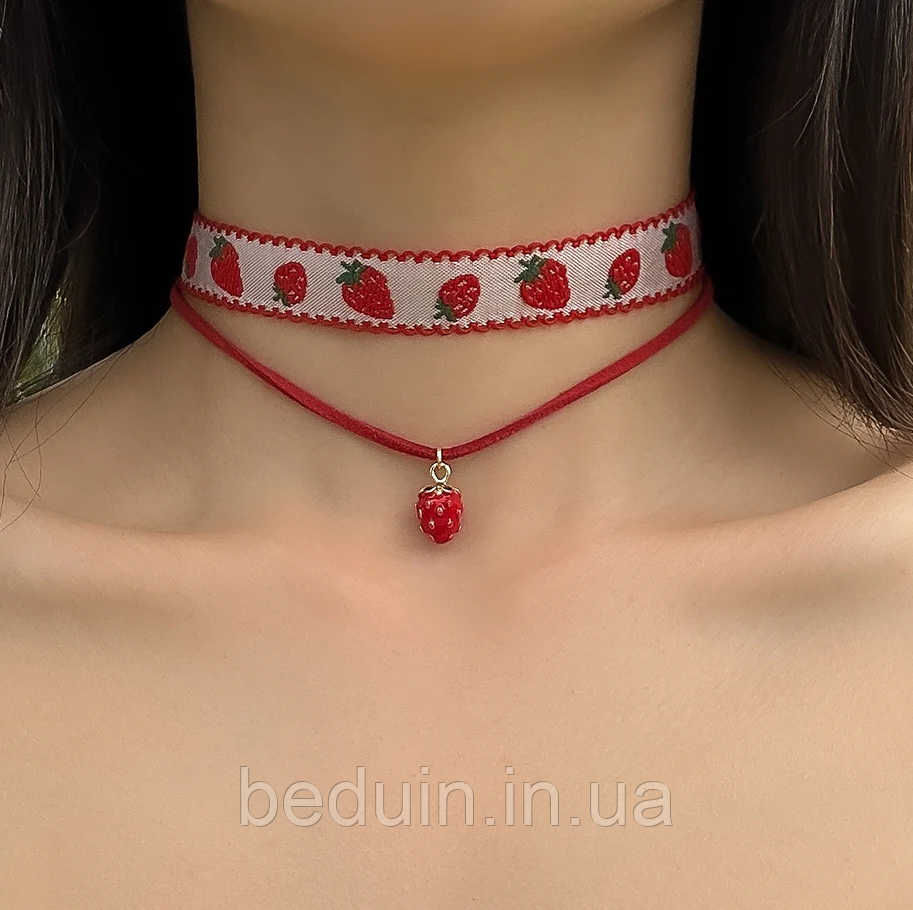 Яркий красный чокер на шею Клубнички с вышивкой на шнурке - комплект Aushal Jewellery