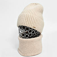 Комплект женский зимний ангора с шерстью на флисе (шапка+шарф-хомут) ODYSSEY 56-58 см жемчужный 12787 - 12482