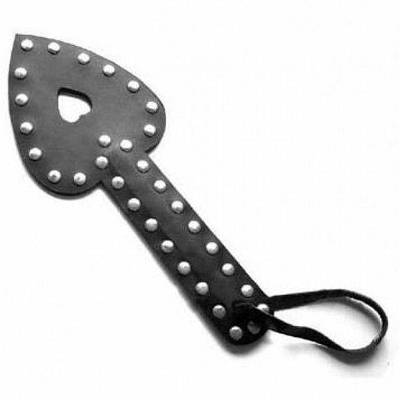 Чорна шкіряна шлепалка у вигляді серця з паєтками для БДСМ Talla