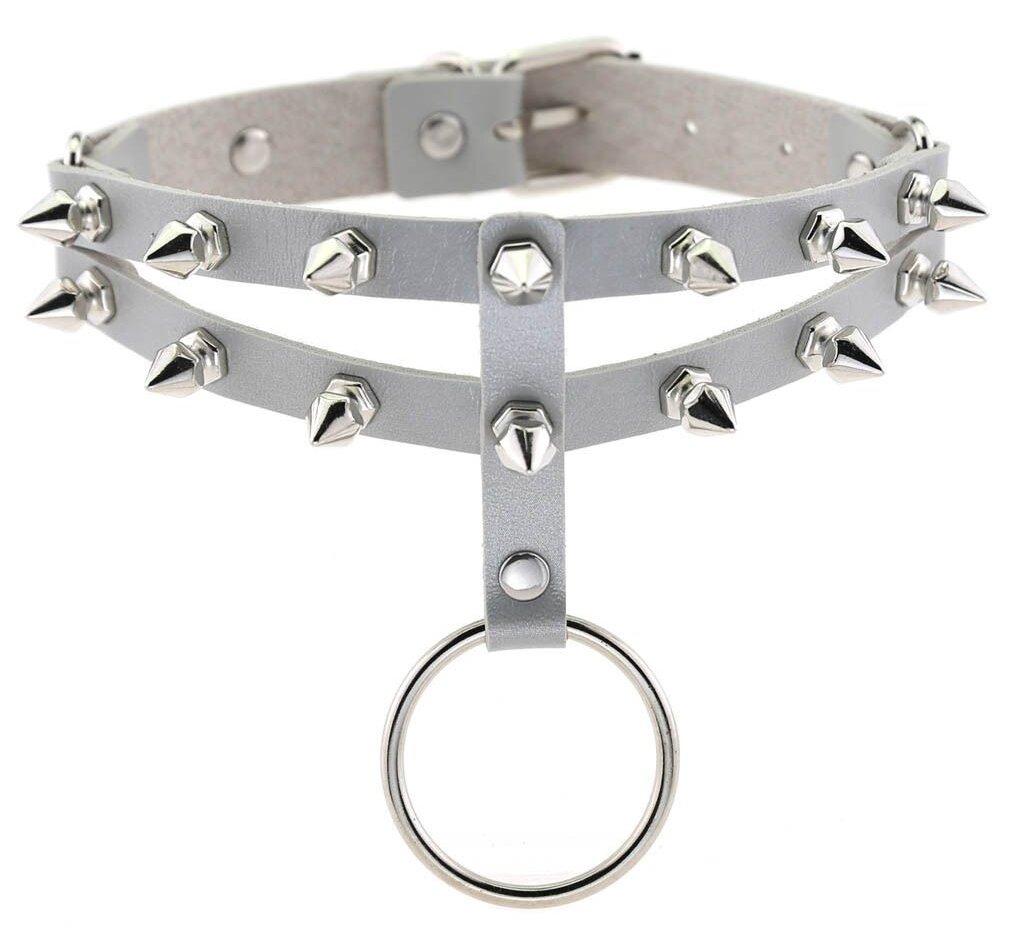 Чокер-нашийник з шипами і кільцем сірий Talla, фото 1