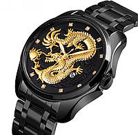Титановые Черные часы с Золотым Драконом со светящимися стрелками и фианитами с черным циферблатом для Удачи