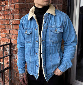 Джинсова куртка чоловіча блакитна весна-осінь тепла з хутром та кишенями на грудях без капюшона Boys