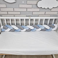 Косичка - бортик м'якенька велюрова на один бік дитячого ліжка 120см - блакитно-сіро-біла