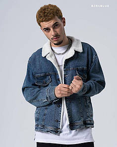 Джинсова куртка чоловіча синя весна-осінь тепла з хутром та кишенями на грудях без капюшона Boys