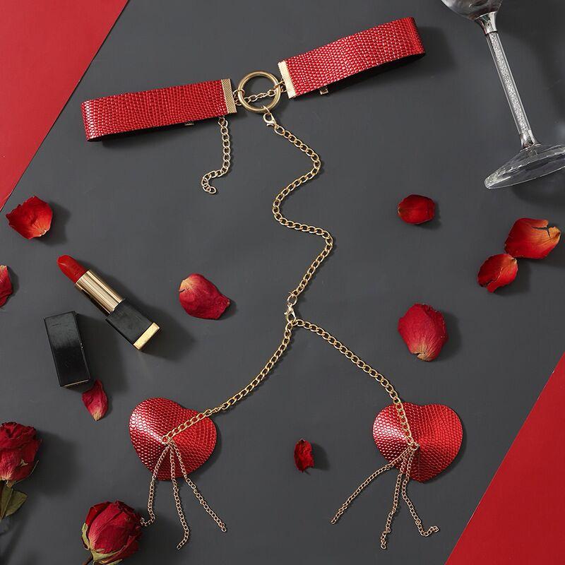 Пестіси-сердечка на соски з пензликами і чокером червоні JSY RT236114 Talla, фото 1