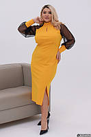 Приталена жіноча сукня міді жовтого кольору з рукавом сітка з розрізом великого розміру / батал 52-54