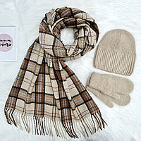 Комплект жіночий зимовий ангоровий на флісі (шапка+шарф+рукавиці) ODYSSEY 55-58 см Бежевий 13493 - 8176 - 4132