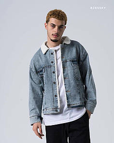 Джинсова куртка чоловіча блакитна весна-осінь тепла з хутром та кишенями на грудях без капюшона Boys