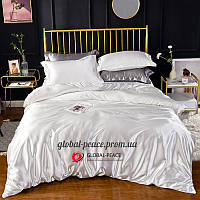 Атласное Белое Полуторное постельное белье Moka Textile + Серебряные Наволочки 2шт