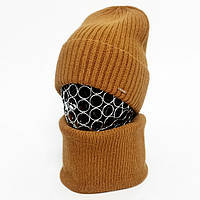 Комплект женский зимний ангора с шерстью на флисе (шапка+шарф-хомут) ODYSSEY 56-58 см горчичный 12800 - 12544