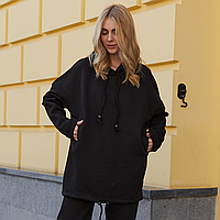 Флисовая кофта Oversize (S-M) с боковыми карманами, Черная / Оверсайз свитшот / Женское худи на флисе